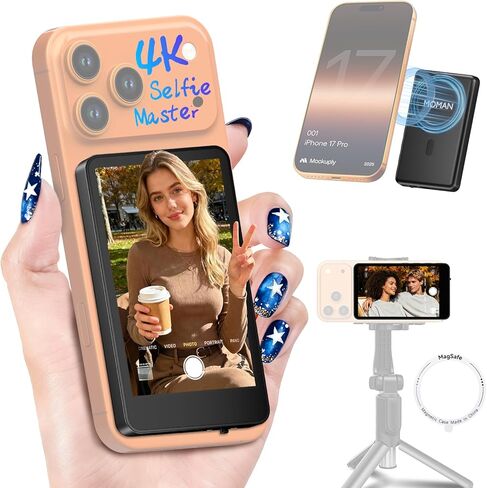 شاشة مراقبة Moman Vlog Selfie لسلسلة iPhone 7-17، 4K 60 إطارًا في الثانية ولاسلكي خاص مشفر، شاشة كاميرا خلفية مغناطيسية، P2P لاسلكية، نطاق 164 قدمًا لـ TikTok، YouTube، مجموعات الصور والفيديو، أسود in Saudi Arabia