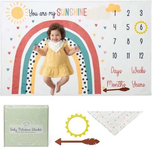 بطانية Bliss n 'Baby الشهرية للفتيات الصغيرات - 60 بوصة × 40 بوصة - بطانية خالية من التجاعيد لعمر الطفل مع مخطط النمو - قابلة للغسل والتجفيف - مع إكليل وعصابة رأس - موضوع زهري in Saudi Arabia