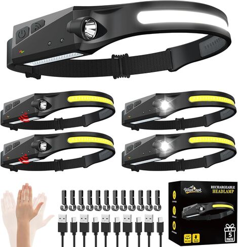 Rechargeable Headlamp 3PCS, 230° LED Head Lamp, Head Lights for Forehead | Motion Sensor, Bright Wide Beam, 5Mode Headband Light, Hard Hat Light, Headlight for Adults Mechanic Camping Essentials Gear in Kuwait