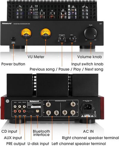 Nobsound Tube Power Bluetooth Amplifier: HiFi Valve with Dual VU Meters USB U-Disk Playback RCA in for Bookshelf Speakers | 6P1 6N1 EI Transformer | Home Audio (DA7) in Saudi Arabia