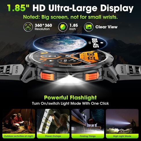 Military Smart Watches for Men, 1.85" HD Large Screen Smart Watch, Flashlight/730mAh/110+ Sports Modes Fitness Tracker Watch, Waterproof Mens Smart Watch for Android Phones iPhone Compatible in Saudi Arabia
