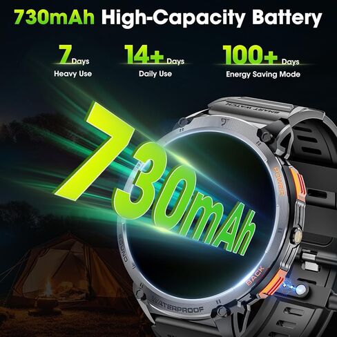 Military Smart Watches for Men, 1.85" HD Large Screen Smart Watch, Flashlight/730mAh/110+ Sports Modes Fitness Tracker Watch, Waterproof Mens Smart Watch for Android Phones iPhone Compatible in Saudi Arabia