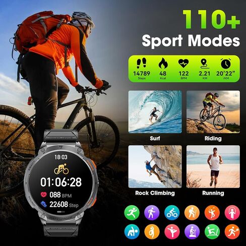 Military Smart Watches for Men, 1.85" HD Large Screen Smart Watch, Flashlight/730mAh/110+ Sports Modes Fitness Tracker Watch, Waterproof Mens Smart Watch for Android Phones iPhone Compatible in Saudi Arabia