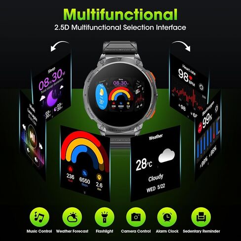 Military Smart Watches for Men, 1.85" HD Large Screen Smart Watch, Flashlight/730mAh/110+ Sports Modes Fitness Tracker Watch, Waterproof Mens Smart Watch for Android Phones iPhone Compatible in Saudi Arabia