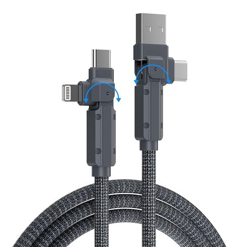 كابل USB C 4 في 1 يدور 180 درجة - معتمد من MFi بقدرة 60 وات USB-C/A إلى C/Lightning سلك مجدول للشحن السريع، شاحن متعدد بطول 6.6 قدم لأجهزة iPhone 17/16/15/14/13، وiPad، وSamsung، وCarPlay وAndroid Auto in Kuwait