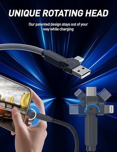 كابل USB C 4 في 1 يدور 180 درجة - معتمد من MFi بقدرة 60 وات USB-C/A إلى C/Lightning سلك مجدول للشحن السريع، شاحن متعدد بطول 6.6 قدم لأجهزة iPhone 17/16/15/14/13، وiPad، وSamsung، وCarPlay وAndroid Auto in Kuwait