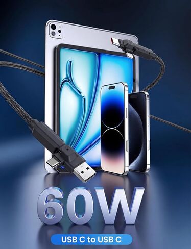 كابل USB C 4 في 1 يدور 180 درجة - معتمد من MFi بقدرة 60 وات USB-C/A إلى C/Lightning سلك مجدول للشحن السريع، شاحن متعدد بطول 6.6 قدم لأجهزة iPhone 17/16/15/14/13، وiPad، وSamsung، وCarPlay وAndroid Auto in Kuwait