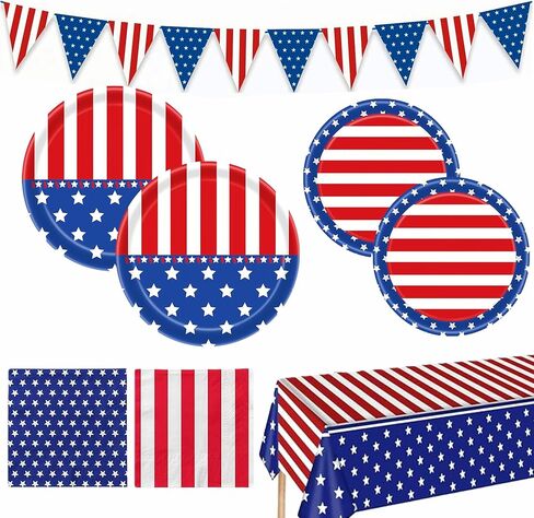 Patriotic Party Supplies Paper Plates and Napkins, American Flag Tablecloth Party Decoration Set for Veterans , Red White Blue Decor, Patriotic 4th of July Independence Day Decor, Serve 30 in Saudi Arabia