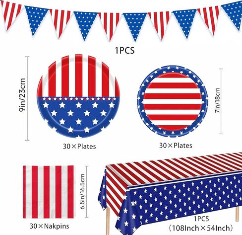 Patriotic Party Supplies Paper Plates and Napkins, American Flag Tablecloth Party Decoration Set for Veterans , Red White Blue Decor, Patriotic 4th of July Independence Day Decor, Serve 30 in Saudi Arabia