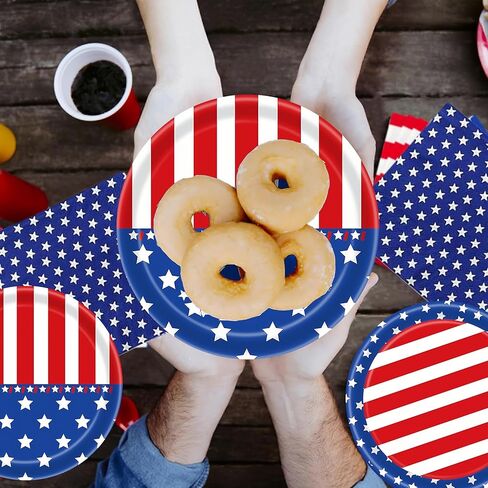 Patriotic Party Supplies Paper Plates and Napkins, American Flag Tablecloth Party Decoration Set for Veterans , Red White Blue Decor, Patriotic 4th of July Independence Day Decor, Serve 30 in Saudi Arabia