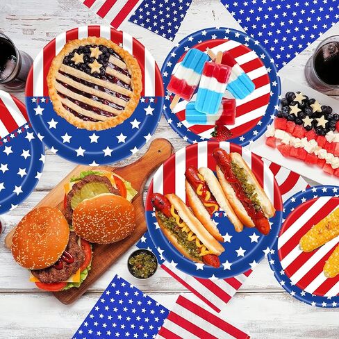 Patriotic Party Supplies Paper Plates and Napkins, American Flag Tablecloth Party Decoration Set for Veterans , Red White Blue Decor, Patriotic 4th of July Independence Day Decor, Serve 30 in Saudi Arabia