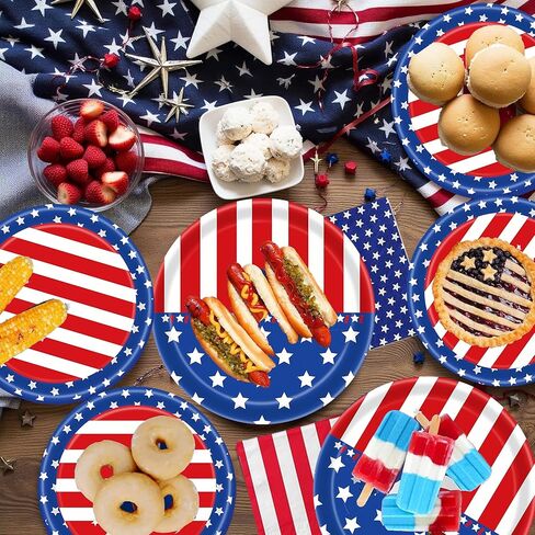 Patriotic Party Supplies Paper Plates and Napkins, American Flag Tablecloth Party Decoration Set for Veterans , Red White Blue Decor, Patriotic 4th of July Independence Day Decor, Serve 30 in Saudi Arabia