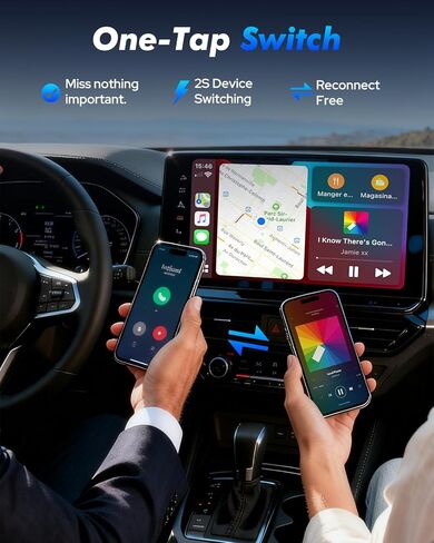 محول CarPlay اللاسلكي - مفتاح متعدد الأجهزة بنقرة واحدة للرحلات العائلية، إعادة الاتصال التلقائي السريع، CarPlay وAndroid Auto، iOS 10+/Android 11+، زر متعدد الوظائف، ترقية OTA in Kuwait