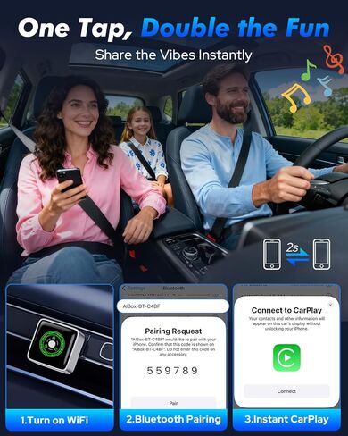 محول CarPlay اللاسلكي - مفتاح متعدد الأجهزة بنقرة واحدة للرحلات العائلية، إعادة الاتصال التلقائي السريع، CarPlay وAndroid Auto، iOS 10+/Android 11+، زر متعدد الوظائف، ترقية OTA in Kuwait