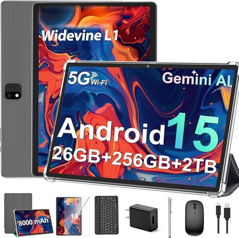 جهاز لوحي Android مع لوحة مفاتيح، 2026 Android 15 Tablet 10 بوصة، 26 جيجابايت + 256 جيجابايت + 2 تيرابايت توسيع، كمبيوتر لوحي إلكتروني مع Gemini، 8-Core، 8000 مللي أمبير، 5G WiFi، GMS، 2 في 1 جهاز لوحي مع حافظة/ماوس/قلم (حافظة فضية) in Kuwait