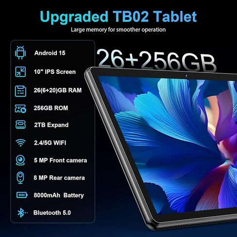 جهاز لوحي Android مع لوحة مفاتيح، 2026 Android 15 Tablet 10 بوصة، 26 جيجابايت + 256 جيجابايت + 2 تيرابايت توسيع، كمبيوتر لوحي إلكتروني مع Gemini، 8-Core، 8000 مللي أمبير، 5G WiFi، GMS، 2 في 1 جهاز لوحي مع حافظة/ماوس/قلم (حافظة فضية) in Kuwait