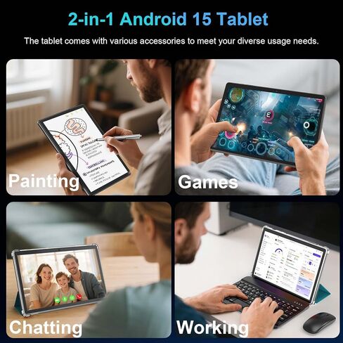 جهاز لوحي Android مع لوحة مفاتيح، 2026 Android 15 Tablet 10 بوصة، 26 جيجابايت + 256 جيجابايت + 2 تيرابايت توسيع، كمبيوتر لوحي إلكتروني مع Gemini، 8-Core، 8000 مللي أمبير، 5G WiFi، GMS، 2 في 1 جهاز لوحي مع حافظة/ماوس/قلم (حافظة فضية) in Kuwait