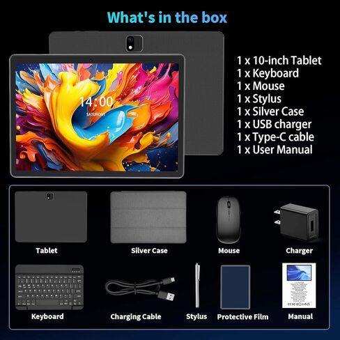 جهاز لوحي Android مع لوحة مفاتيح، 2026 Android 15 Tablet 10 بوصة، 26 جيجابايت + 256 جيجابايت + 2 تيرابايت توسيع، كمبيوتر لوحي إلكتروني مع Gemini، 8-Core، 8000 مللي أمبير، 5G WiFi، GMS، 2 في 1 جهاز لوحي مع حافظة/ماوس/قلم (حافظة فضية) in Kuwait