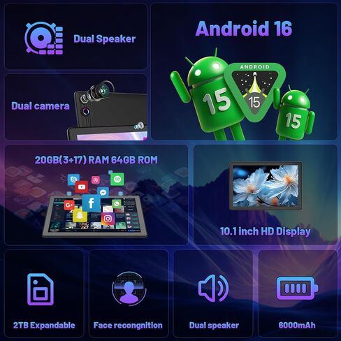 تابلت Gleeso، أحدث جهاز لوحي Android 16 مقاس 10 بوصة، 20 جيجابايت + 64 جيجابايت + 2 تيرابايت TF، بطارية 6000 مللي أمبير في الساعة، كاميرا مزدوجة، Widevine L1، معرف الوجه، WiFi 6، BT 5.4، أجهزة لوحية 2 في 1 مع حافظة واقية لقلم لوحة المفاتيح والماوس in Kuwait