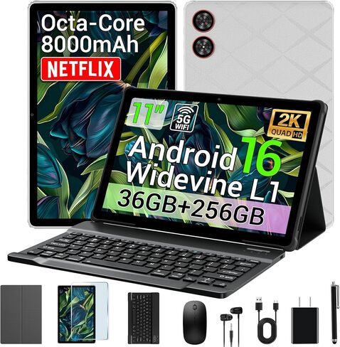 2026 Android 16 Tablet 11 Inch 2K IPS 36GB RAM 256GB ROM (1TB TF) with 3-in-1 Keyboard Mouse Stylus Case – T606 8-Core, 8000mAh, Widevine L1, 8+13MP, 5G/2.4G WiFi，PC Experience-Black in Saudi Arabia