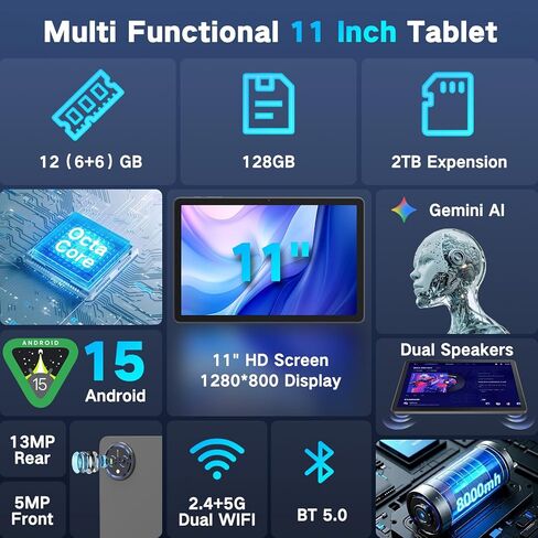 تابلت JUNYANG، 11 بوصة Android 15 مع لوحة مفاتيح/حافظة/ماوس، 12 جيجابايت + 128 جيجابايت + 2 تيرابايت قابلة للتوسيع، أجهزة لوحية ثماني النواة بتقنية الذكاء الاصطناعي مع واي فاي 6، بطارية 8000 مللي أمبير في الساعة، شاشة لمس كبيرة عالية الدقة، جهاز لوحي 2 في in Kuwait