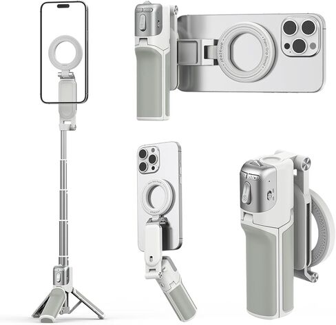 AMAZEAR Phone Camera Grip with Selfie Stick Tripod, Cellphone Accessories with Detachable Wireless Shutter Button for iPhone 16 17 Pro Max, Comfort Ergonomic Smartphone Handle Holder, White in Saudi Arabia