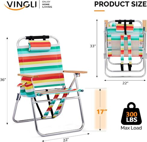VINGLI 17" Tall Beach Chair, Aluminum Backpack Beach Chairs for Adults, Portable with Adjustable Straps, 3-Position Reclining, Cup Holder, High Lightweight Beach Chairs for Beach in Saudi Arabia