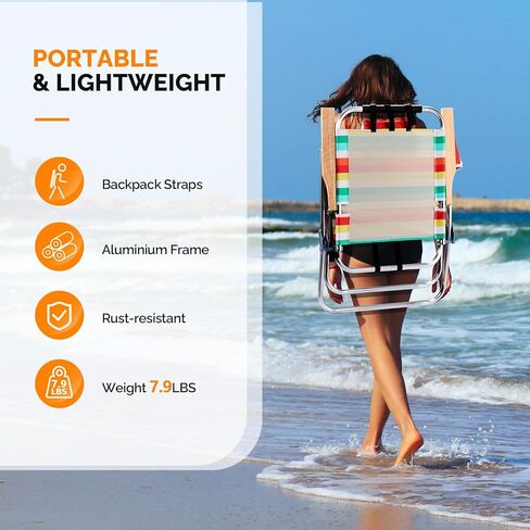 VINGLI 17" Tall Beach Chair, Aluminum Backpack Beach Chairs for Adults, Portable with Adjustable Straps, 3-Position Reclining, Cup Holder, High Lightweight Beach Chairs for Beach in Saudi Arabia