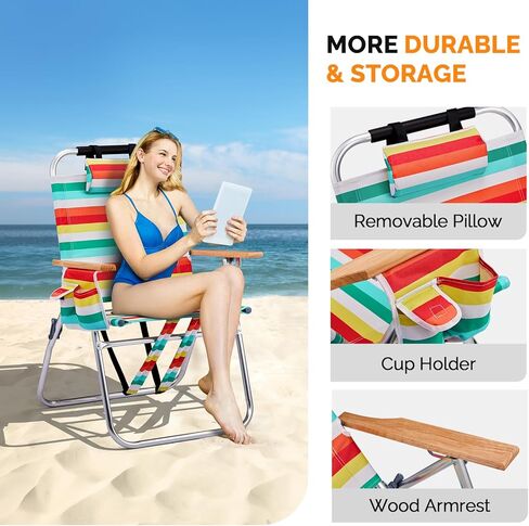 VINGLI 17" Tall Beach Chair, Aluminum Backpack Beach Chairs for Adults, Portable with Adjustable Straps, 3-Position Reclining, Cup Holder, High Lightweight Beach Chairs for Beach in Saudi Arabia