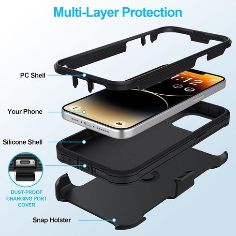 حافظة بمشبك حزام متوافقة مع حافظة iPhone 16 Pro Defender مع حامل دوار 360 درجة - حماية شديدة التحمل ضد السقوط والصدمات، أسود in Kuwait