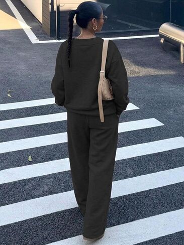 Womens 2 Piece Lounge Sets Casual Long Sleeve V-Neck Pullover Sweatsuits Wide Leg Jogger with Pockets Outfits in Saudi Arabia