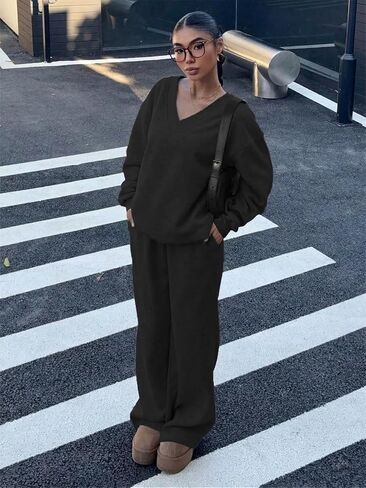 Womens 2 Piece Lounge Sets Casual Long Sleeve V-Neck Pullover Sweatsuits Wide Leg Jogger with Pockets Outfits in Saudi Arabia