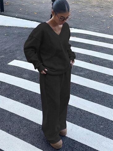 Womens 2 Piece Lounge Sets Casual Long Sleeve V-Neck Pullover Sweatsuits Wide Leg Jogger with Pockets Outfits in Saudi Arabia