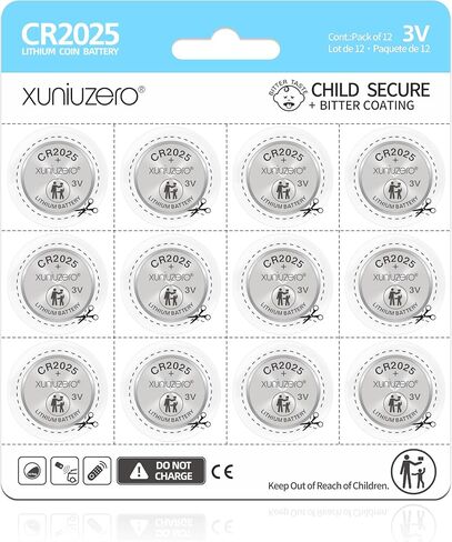 12-Pack CR2025 Lithium Coin Cell Battery, 3 Volt, for Child Safety, Compatible with Remotes, Key Fobs, Watches, Calculators - 7 Years Shelf Life in Saudi Arabia
