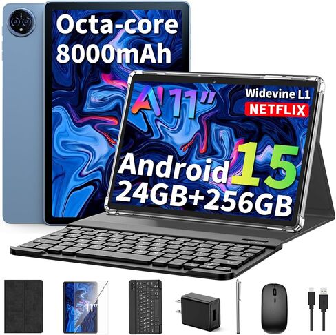 2026 تابلت Android 15 مقاس 11 بوصة مع لوحة مفاتيح، 24 جيجابايت + 256 جيجابايت + 2 تيرابايت، أجهزة لوحية مع Gemini AI، ثماني النواة، 8000 مللي أمبير، 5G WiFi، Widevine L1، GMS، GPS، 2 في 1 أجهزة لوحية مع حافظة، ماوس، قلم (جراب أسود) in Kuwait