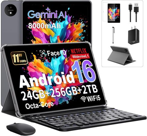 2026 Android 16 Tablet 11 Inch with Gemini AI, 24GB RAM + 256GB ROM /2TB TF, T7250 Octa-Core Processor, 1920x1200 FHD IPS Display, 8000mAh, GPS, Widevine L1, 2-in-1 Tablet with Keyboard Mouse Stylus in Saudi Arabia