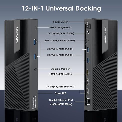 محطة إرساء WAVLINK USB C 3 شاشات، محطة إرساء DisplayLink 12 في 1 مع 100 واط PD شحن USB C Hub ثلاثي 4K@60 هرتز HDMI+DP جيجابت إيثرنت 5 جيجابت في الثانية USB 3.0 صوت لـ Dell/HP/Lenovo/MacBook Neo in Saudi Arabia