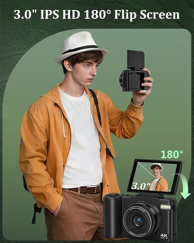 كاميرا رقمية 4K للتصوير الفوتوغرافي، كاميرا تسجيل فيديو بدقة 64 ميجابكسل لليوتيوب مع شاشة قلاب 180 درجة، كاميرا فيديو بتركيز تلقائي فائق الدقة 18X، مدمجة مع بطاقة Micro SD سعة 32 جيجابايت للمراهقين والأولاد والبنات والمبتدئين in Kuwait