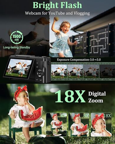 كاميرا رقمية 4K للتصوير الفوتوغرافي، كاميرا تسجيل فيديو بدقة 64 ميجابكسل لليوتيوب مع شاشة قلاب 180 درجة، كاميرا فيديو بتركيز تلقائي فائق الدقة 18X، مدمجة مع بطاقة Micro SD سعة 32 جيجابايت للمراهقين والأولاد والبنات والمبتدئين in Kuwait