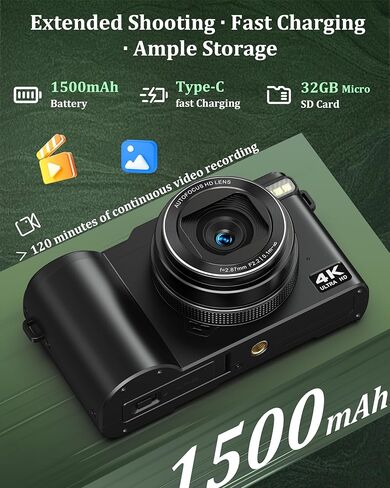 كاميرا رقمية 4K للتصوير الفوتوغرافي، كاميرا تسجيل فيديو بدقة 64 ميجابكسل لليوتيوب مع شاشة قلاب 180 درجة، كاميرا فيديو بتركيز تلقائي فائق الدقة 18X، مدمجة مع بطاقة Micro SD سعة 32 جيجابايت للمراهقين والأولاد والبنات والمبتدئين in Kuwait