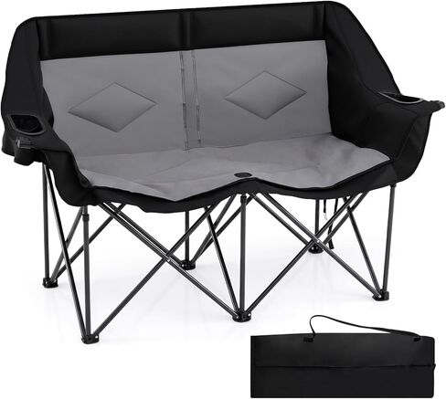 Goplus Double Camping Chair, Oversized Padded Loveseat w/Cup Holders, Glass Racks and Mesh Pockets, 660 LBS Heavy Duty Folding 2 Person Camp Couch w/Carry Bag for Lawn, Beach and Picnic (Black+Gray) in Saudi Arabia