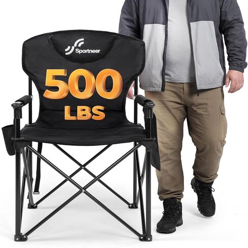 Sportneer Oversized Heavy Duty Camping Chair 500 LBS Capacity, Folding Portable Chair with Padded Seat, Strong Armrests for Easy Standing, Cup Holder & Side Storage Bag, Outdoor Camping Fishing Chair in Saudi Arabia