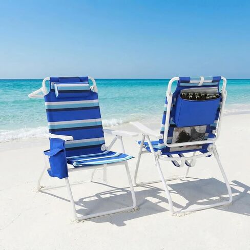 TLSUNNY 16" H Tall Beach Chair for Adults W/ 5-Position Lay Flat & Cooler Pouch, Folding Backpack Beach Chair W/Headrest, Storage Bag, Towel Bar, Foot Mat, for Camping (2, Blue/White, 15.7″) in Saudi Arabia