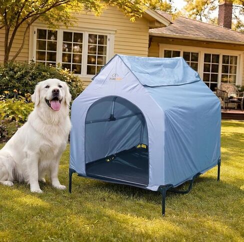 Outdoor Dog House with Elevated Bed, Weatherproof Canopy, Breathable Mesh Fabric with Windows – Ideal Shelter for Breeds in Saudi Arabia