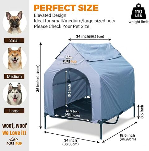 Outdoor Dog House with Elevated Bed, Weatherproof Canopy, Breathable Mesh Fabric with Windows – Ideal Shelter for Breeds in Saudi Arabia