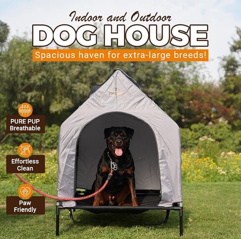 Outdoor Dog House with Elevated Bed, Weatherproof Canopy, Breathable Mesh Fabric with Windows – Ideal Shelter for Breeds in Saudi Arabia
