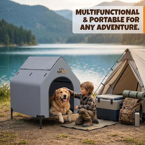 Outdoor Dog House with Elevated Bed, Weatherproof Canopy, Breathable Mesh Fabric with Windows – Ideal Shelter for Breeds in Saudi Arabia