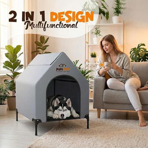 Outdoor Dog House with Elevated Bed, Weatherproof Canopy, Breathable Mesh Fabric with Windows – Ideal Shelter for Breeds in Saudi Arabia