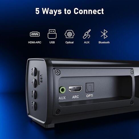 شريط صوت للتلفزيون الذكي بقوة 60 وات، مكبر صوت بلوتوث 5.3 مع HDMI ARC، بصري، AUX، USB، مكبر صوت تلفزيوني محيطي، 3 أوضاع EQ، شريط صوت المسرح المنزلي للتلفزيون/الكمبيوتر/الألعاب/جهاز العرض، أسود in Kuwait