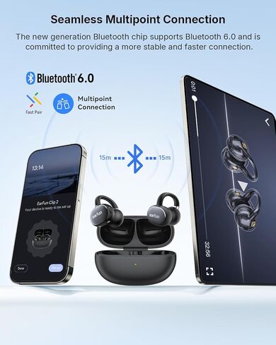 EarFun Clip 2 سماعات أذن مفتوحة، سماعات رأس بمشبك، LDAC، صوت عالي الدقة، مشغل تيتانيوم 12 مم، 4 ميكروفونات AI Clear Call، سماعات أذن ترجمة AI، ملاءمة آمنة، وقت تشغيل 40 ساعة، بلوتوث 6.0 للجري والتمرين in Kuwait